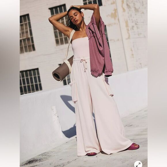 Free People Grand Slam Strapless Onesie Straight Leg Pockets Ivory XS - Picture 2 of 8